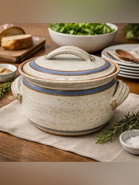 Vintage Speckled Stoneware Covered Casserole Dish Baker Rustic Farmhouse